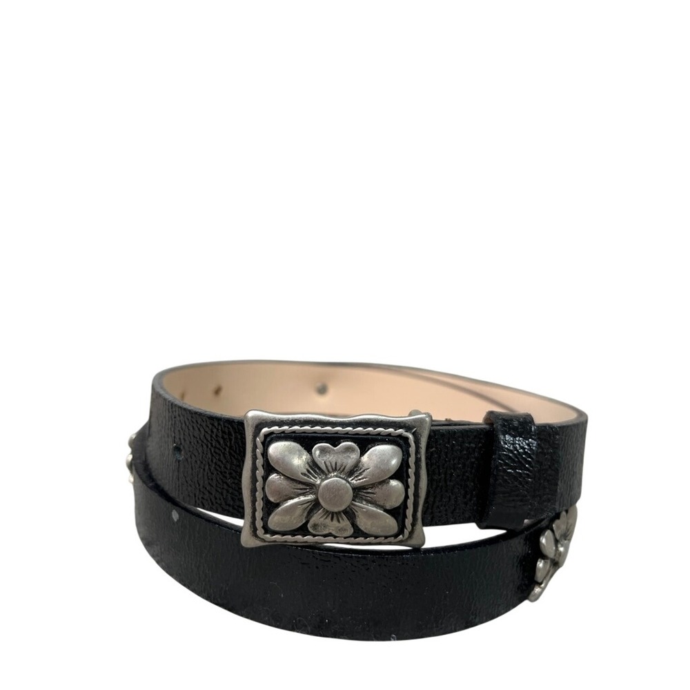 Garuglieri Italy Black Leather Floral Concho Belt Silver Flower Buckle Style 16